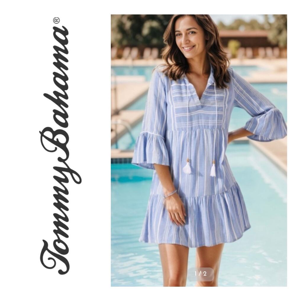NWT Tommy Bahama Linen Blend Beachy Stripe Tiered Dress XS 3/4 Bell Sleeve